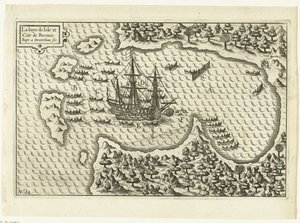 Saapuminen Borneolle, 1600 La baye de Isle et Cite de Borneo (otsikko esineessä), RP-P-OB-75.411 tekijältä Baptista van Doetechum