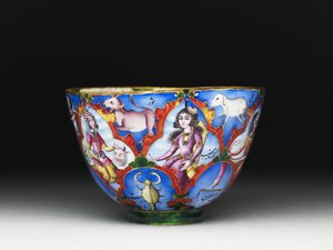 Kannen kulho, lautanen ja lusikka astrologisella koristeella, 1800-luvun alku tekijältä Baqir