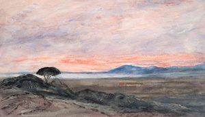 Maisema: Auringonlasku (akvarelli kudospaperille) tekijältä Barbara Leigh Smith Bodichon