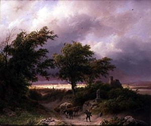 Metsäinen maisema, josta on kaukainen näkymä Cleveen (öljy kankaalle) tekijältä Barend Cornelis Koekkoek