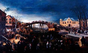 Talvimaisema, jossa taitoluistelua ja leikkimistä, n. 1640-50 (öljy paneelille) tekijältä Barent (follower of) Avercamp
