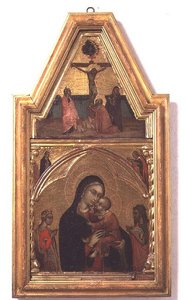 Madonna ja lapsi Pyhän Johannes Kastajan ja Pyhän Katariinan kanssa, ristiinnaulitsemiskohtaus yllä tekijältä Barnaba da Modena