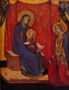 Madonna istui valtaistuimella ja kaksi lahjoittajaa palvonnassa, 1374 tekijältä Barnaba da Modena