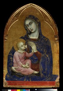 Neitsyt ja lapsi Maria imettävät Jeesusta Kristusta, jolla on korallikaulakoru. Barnaba da Modenan maalaus puulle (tunnettu 1361-1383) Dim. 1,09 x 0,72 m Pariisi, Musee du Louvre.