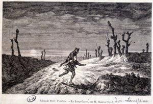 Ihmissusi (ihmissusi) hyökkäämässä miehen kimppuun - ap. Maurice Sandin maalaus näytteillä Salonissa 1857. tekijältä Baron Dudevant Jean Francois Maurice (after) Sand