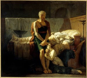 Marcus Sextuksen paluu Marcus Sextus (kuvitteellinen hahmo), pakeni Syllan rajoituksista, löydöt palatessaan, tyttärensä kyyneleissä, lähellä kuollutta vaimoaan - Pierre Narcissen (Pierre-Narcisse) Guerinin (1774-1833) maalaus 1799 Dim 2 ,17 x 2,43 m Parii