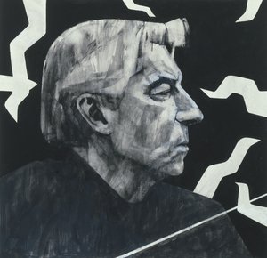 Herbert von Karajanin muotokuva, kuvitus The Sunday Timesille, 1970 (guassi laivalla)