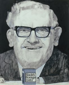 Ronnie Barkerin muotokuva, kuvitus The Listenerille, 1970 (guassi laivalla)
