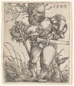 Taivuttava sotilas nojaa puuhun, 1520. tekijältä Barthel Beham