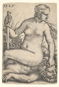 Judith, katsoen oikealle, istui alasti Holofernesin ruumiin päällä, sw..., 1525.