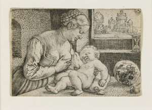 Äiti ja lapsi, kallo ja tiimalasi, n. 1528-1530 tekijältä Barthel Beham