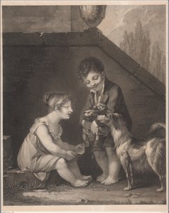 Kaksi lasta koirien kanssa Voi les jolis petits chiens tekijältä Barthélémy Joseph Fulcran Roger