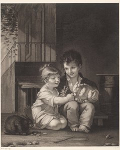 Dos nens amb conills Mange mon petit, mange finish tekijältä Barthélémy Joseph Fulcran Roger