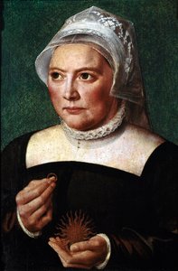 Martin Lutherin vaimon Catherine de Boren (Katharina von Bora) (1499-1552) muotokuva Hän pitää liittoa kädessään ja hänellä on mansikkakaulus. Bartholomaeus (Barthel) Bruyn vanhin (1493-1555) Chantillyn maalaus, Conde Museum