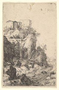 Kaskadit lähellä Ponte della Travea, joiden yläpuolella on rakennuksia kalliolla, sarjasta ..., 1639. tekijältä Bartholomeus Breenbergh