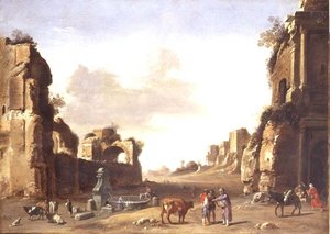 Klassiset rauniot, joissa talonpojat juottavat eläimiään tekijältä Bartholomeus Breenbergh