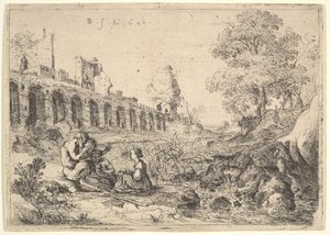 Korsika, joka istuu satyyrien edessä joen rannalla, Battista Gu...n lautasparista, 1640. tekijältä Bartholomeus Breenbergh