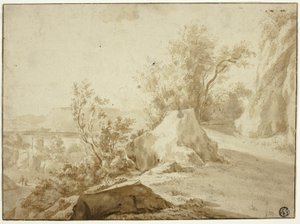 Kivet ja vuoristopolku, hahmot ja kaupunki alla tekijältä Bartholomeus Breenbergh