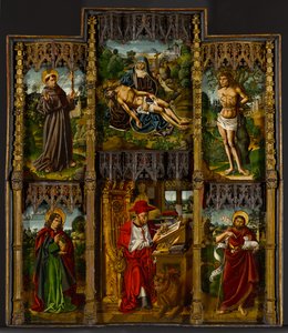 Kannettava alttaritaulu: Pietà, pyhät Franciscus, Sebastian, Johannes Evankelista, Hieronymus ja Johannes Kastaja, n. 1500