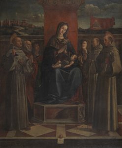 Neitsyt ja lapsi kuuden pyhän valtaistuimella, n. 1500 (öljy kankaalle) tekijältä Bartolomeo (attr. to) Montagna