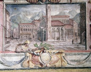 Makuuhuone, yksityiskohta friisistä, joka kuvaa Medici-vallan aikaisia kaupunkeja, Pistoia, 1564-75 fresko. tekijältä Bartolomeo Ammannati