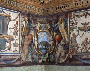 Sala del Granduca di Toscana Toscanan suurherttuan sali Yksityiskohta friisistä, jossa kuvataan eläinradan merkkejä ja sarvikuonoa, 1564-75 fresko.