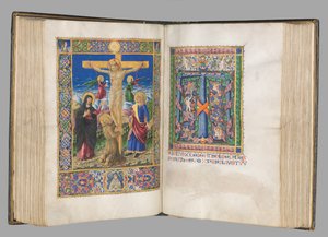Missale: Fol. 185v: Ristiinnaulitseminen reunoilla koko sivu, 1469. tekijältä Bartolomeo Caporali