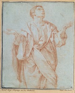 Mies verho, kädet auki, silmät kohotettuina taivaaseen, pää kallistettuna Bartolomeo Cesin (1556-1620) piirustus a la sanguine. 0,28 x 0,23 m Pariisi. Louvren taidemuseo