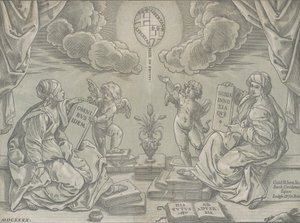 Väitöskirjan allegoria, kaksi naista kädessään kaiverrettuja tauluja, 1640.
