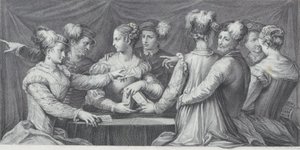 Ryhmä tyylikkäästi pukeutuneita ihmisiä, jotka pelaavat korttia, 1740-68
