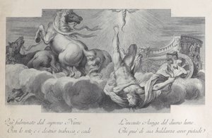 Levy 34: Auriga, vaununkuljettaja, putoaa vaunuista keskellä, kolme hevosta l..., 1756