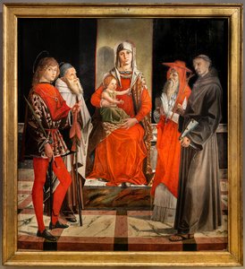 Madonna istui Jeesuksen kanssa pyhien Ansanuksen, Anthony Suuren, Hieronymuksen ja Franciscuksen joukossa tekijältä Bartolomeo Montagna