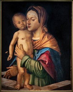 Madonna, jossa Jeesus-lapsi seisoo kaiteessa, 1500-luvun alussa (öljy paneelissa) tekijältä Bartolomeo Montagna