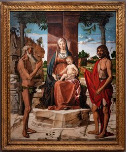 Madonna Jeesus-lapsen kanssa pergolan alla pyhien Johannes Kastajan ja Onuphriusmin joukossa 1485-86 (öljy paneelissa)