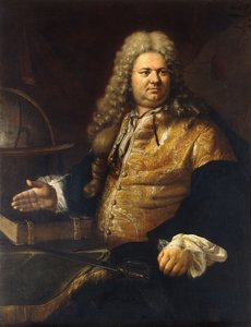Gentlemanin muotokuva, jonka sanotaan olevan näyttelijä James Quin, nimiroolissa Addisonin Cato, istuu kolme neljäsosaa pituudeltaan Brocade-takissa ja vihreässä viitassa pöydän ääressä, jossa on sana, kirja ja maapallo. tekijältä Bartolomeo Nazzari