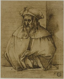 Puolipitkä luonnos hattua ja viittaa käyttävästä herrasmiehestä tekijältä Bartolomeo Passarotti