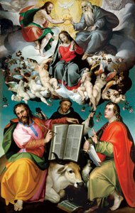 Neitsyt Marian kruunajaiset pyhien Luukkaan, Dominikaanin ja Johannes evankelistan kanssa. tekijältä Bartolomeo Passarotti
