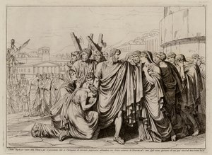Atilius Regulus valmistautuu lähtemään Roomasta palatakseen vankeuteen Karthagoon (etsaus). tekijältä Bartolomeo Pinelli