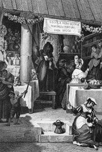 Befana (italialainen joulunoita), makeisia ja nugettia myyvä koju Piazza Navonalla Rooman Pyhäinpäivän aikaan, Bartolomeo Pinellin kaiverrus.