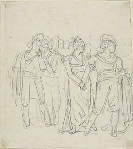 Brigand Chief Held Back By a Woman (etusivu); luonnos kahdesta hahmosta maisemassa (kääntöpuoli). tekijältä Bartolomeo Pinelli