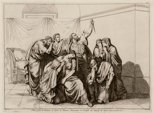 Brutus vannoo kostavansa Lucretian kuoleman karkottamalla Tarquinit Roomasta (etsaus). tekijältä Bartolomeo Pinelli