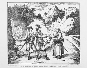 Don Abbondio kohtaa kaksi Bravia, Bartolomeo Pinellin (1781-1835) litografia Alessandro Manzonin (1785-1873) Kihloissa, Italiassa 1800-luvulla. tekijältä Bartolomeo Pinelli