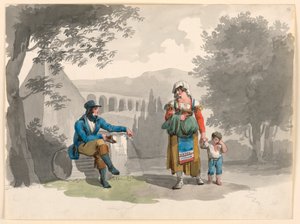 Piirros, Nainen, joka pitää poikaa kädessään ohittaen herrasmiehen, joka istuu raunioiden keskellä Campagnalla, 1807 tekijältä Bartolomeo Pinelli