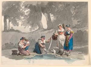 Piirros, Rooman lähistöllä sijaitsevan vuoristopuron luona, 1807-08. tekijältä Bartolomeo Pinelli