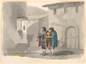 Piirros, "Pifferari", kaksi Abruzzin putkimiestä Roomassa, 1807-08. tekijältä Bartolomeo Pinelli