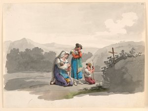 Piirros, Nainen vauvan kanssa rukoilemassa ristin edessä, joka merkitsee paikkaa, jossa hänen miehensä tapettiin, 1807-08. tekijältä Bartolomeo Pinelli