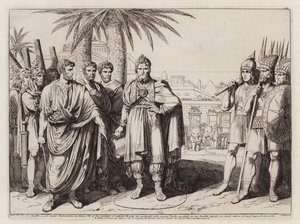 Gaius Popillius Laenas piirtämässä ympyrää hiekkaan Antiokhos IV Epifaneen ympärille (etsaus). tekijältä Bartolomeo Pinelli