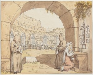 La Compagnia dei sacconi al Colosseo (Colosseumissa alttareiden äärellä rukoilevat katujat) tekijältä Bartolomeo Pinelli