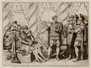 Lucius Aemilius Paullus Macedonicus osoittaa Makedonian kukistettua kuningasta Perseusta. tekijältä Bartolomeo Pinelli