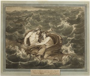Mentori ja Telemachus, jotka selvisivät myrskystä, ovat hengissä Calypson saarelle mastolla, Telemachuksen seikkailuista, kirja 6 tekijältä Bartolomeo Pinelli